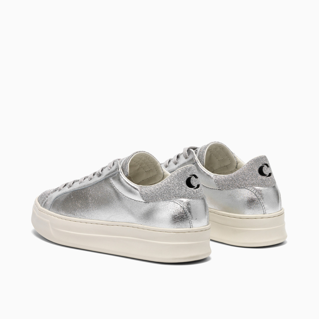 CRIME LONDON: LOW TOP CLASSIC LEATHER SILVER-GLITTER SILVER