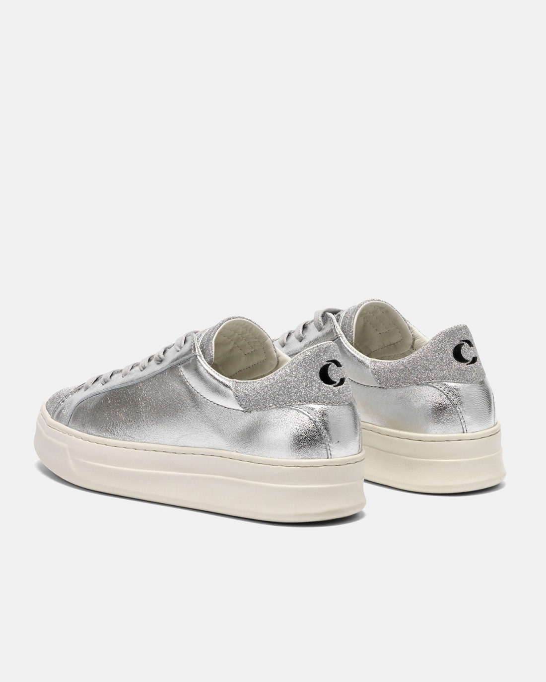 CRIME LONDON: LOW TOP CLASSIC LEATHER SILVER-GLITTER SILVER